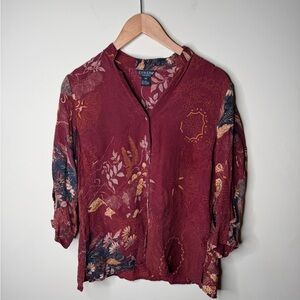 CITRON SANTA MONICA Pure Silk Burgundy Wine Floral Button Blouse 3/4 Sleeve PM.